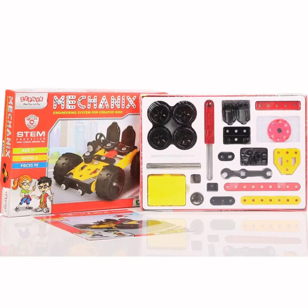 A toy car and construction inside a box, perfect for kids who love construction and creative play with STEM toys.