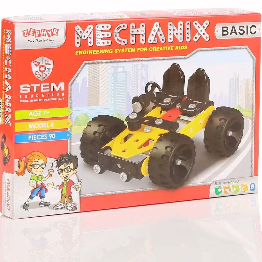 A toy car in its packaging, part of a construction set for kids, promoting creativity and STEM learning.