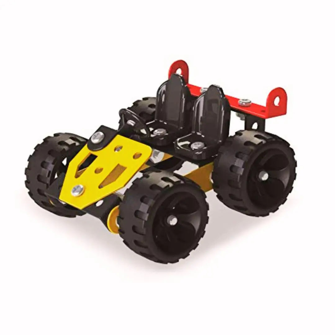 A toy car with wheels and tires on a white background, perfect for creative kids and STEM education fun!