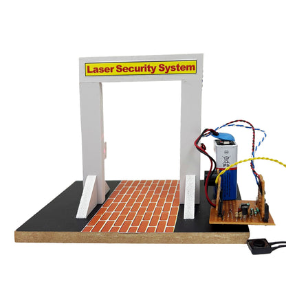 Explore our Laser Security Alarm System, a model featuring an archway, a compact circuit board with wires, and a battery pack, all elegantly mounted on a brick-patterned base. 