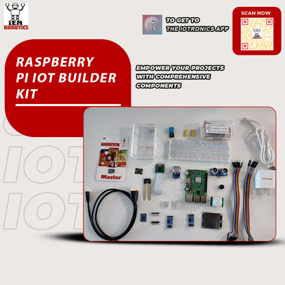 Image of a Raspberry Pi IoT Builder Kit, showcasing a Raspberry Pi board, sensors, cables, and other accessories. Text overlays highlight a dedicated app and include a scan code.