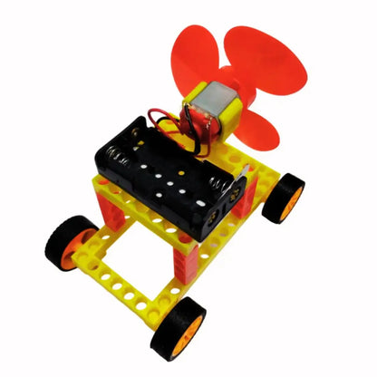 A vibrant toy car equipped with a fan, designed as a DIY wind generator car kit for creative play and education.