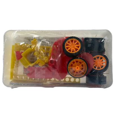 A vibrant plastic toy car packaged in a plastic bag, highlighting a DIY wind generator car kit for hands-on learning.