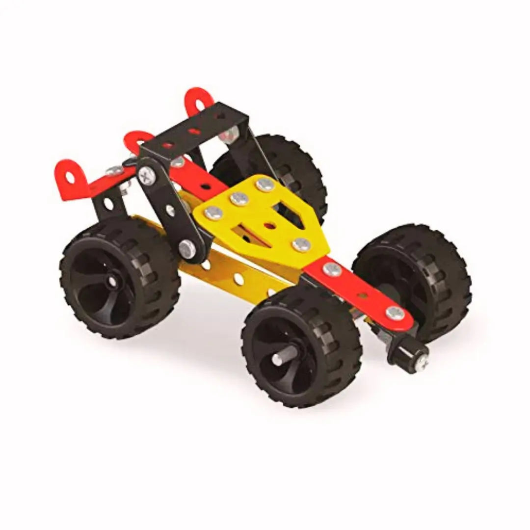 A yellow and black toy car with four wheels, perfect for creative kids and construction toy sets. Great for STEM learning!