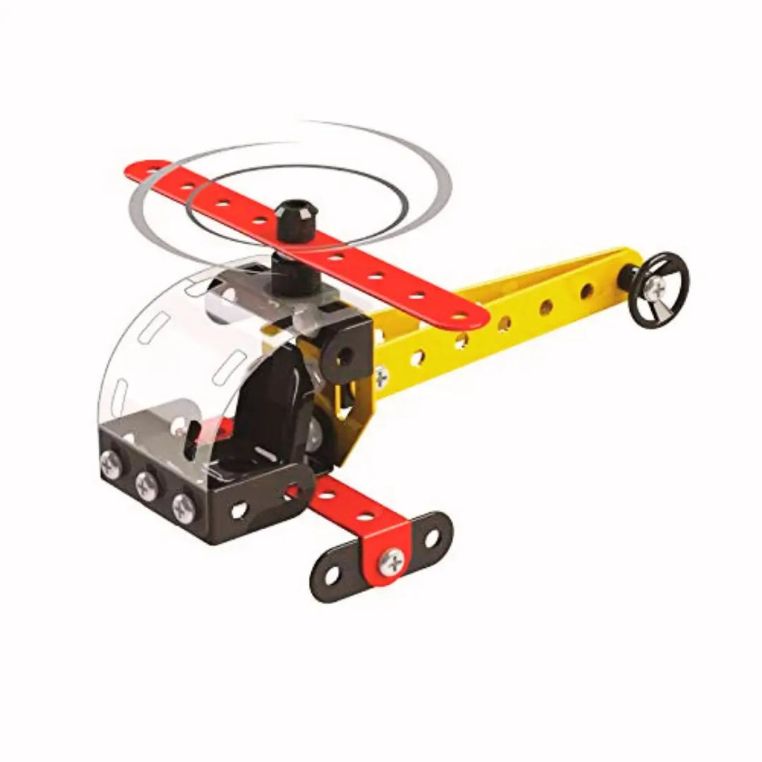 A bright red and yellow toy helicopter, perfect for kids who love construction and creative play with STEM toys.