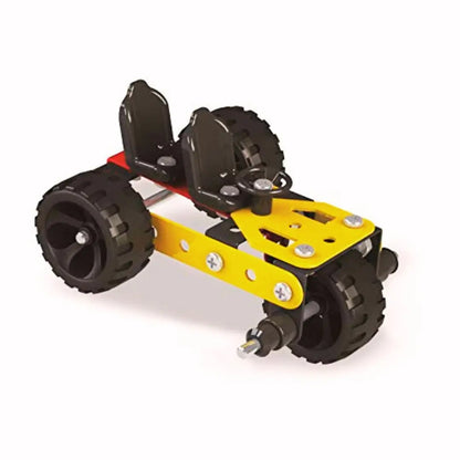 A yellow and black toy car with three wheels, perfect for creative kids and construction toy sets. Great for STEM learning!